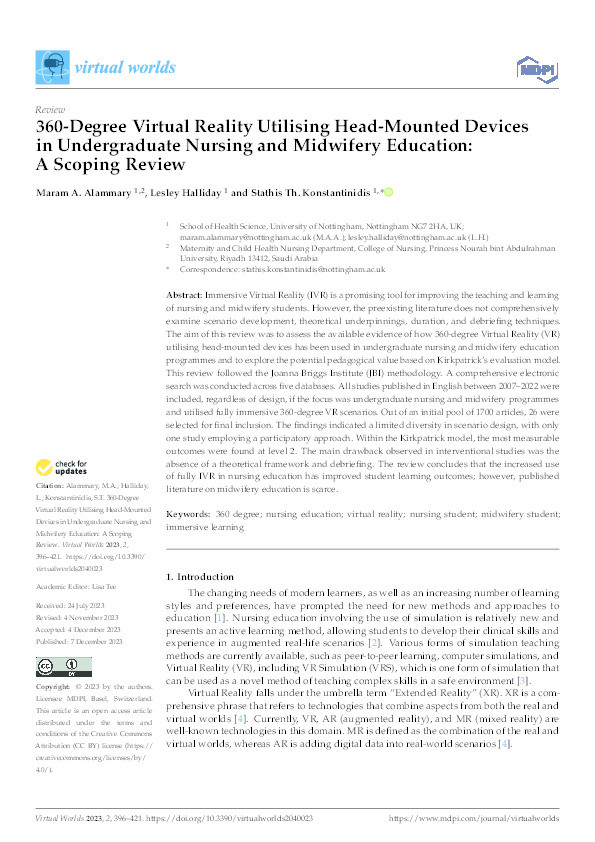 360-Degree Virtual Reality Utilising Head-Mounted Devices in Undergraduate Nursing and Midwifery Education: A Scoping Review Thumbnail