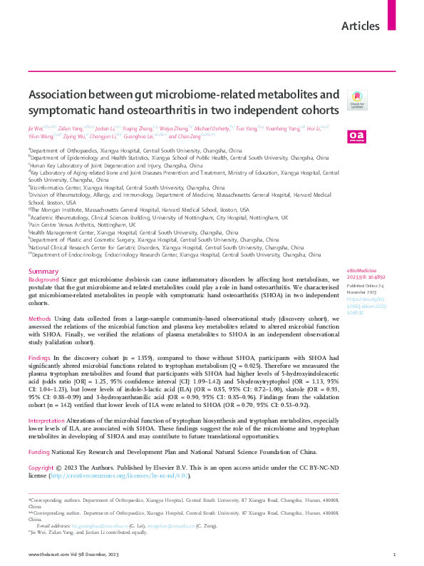 Association between gut microbiome-related metabolites and symptomatic hand osteoarthritis in two independent cohorts Thumbnail