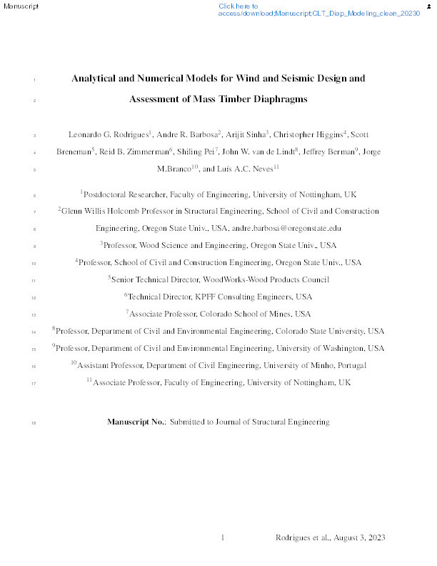 Analytical and Numerical Models for Wind and Seismic Design and Assessment of Mass Timber Diaphragms Thumbnail