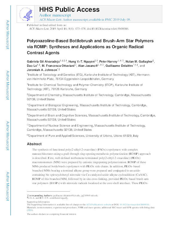Polyoxazoline-Based Bottlebrush and Brush-Arm Star Polymers via ROMP: Syntheses and Applications as Organic Radical Contrast Agents Thumbnail