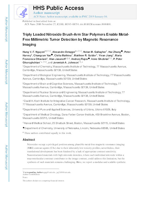 Triply Loaded Nitroxide Brush-Arm Star Polymers Enable Metal-Free Millimetric Tumor Detection by Magnetic Resonance Imaging Thumbnail