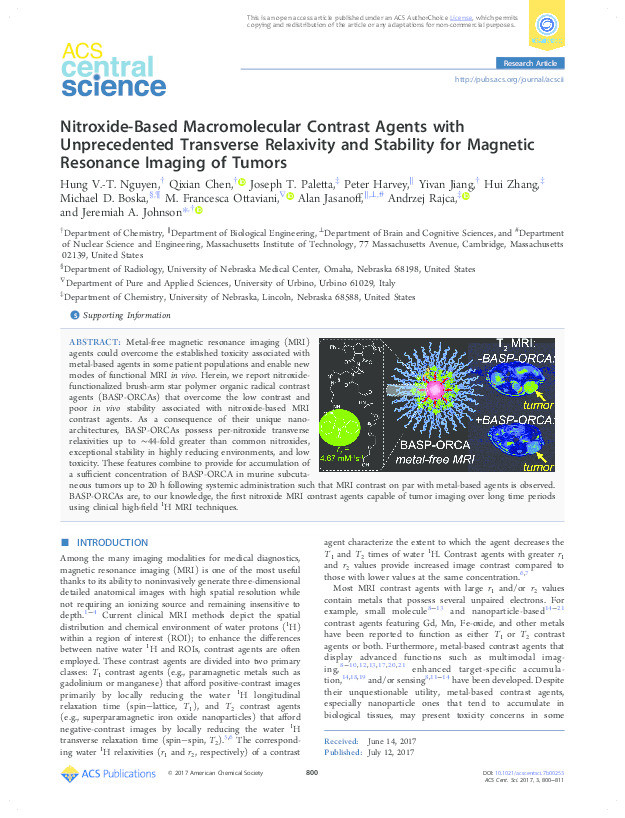 Nitroxide-Based Macromolecular Contrast Agents with Unprecedented Transverse Relaxivity and Stability for Magnetic Resonance Imaging of Tumors Thumbnail