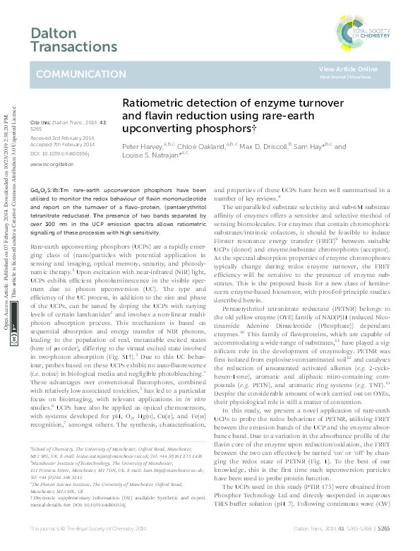 Ratiometric detection of enzyme turnover and flavin reduction using rare-earth upconverting phosphors Thumbnail