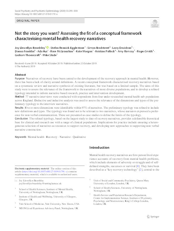 Not the story you want? Assessing the fit of a conceptual framework characterising mental health recovery narratives Thumbnail