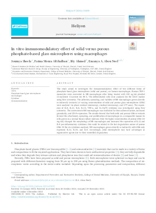 In vitro immunomodulatory effect of solid versus porous phosphate-based glass microspheres using macrophages Thumbnail