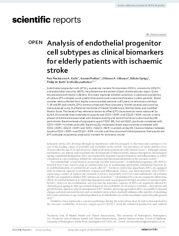 Analysis of endothelial progenitor cell subtypes as clinical biomarkers for elderly patients with ischaemic stroke Thumbnail