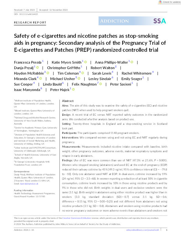 Safety of e-cigarettes and nicotine patches as stop-smoking aids in pregnancy: Secondary analysis of the Pregnancy Trial of E-cigarettes and Patches (PREP) randomised controlled trial Thumbnail