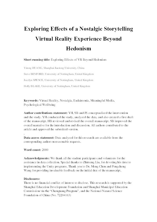 Exploring Effects of a Nostalgic Storytelling Virtual Reality Experience Beyond Hedonism Thumbnail