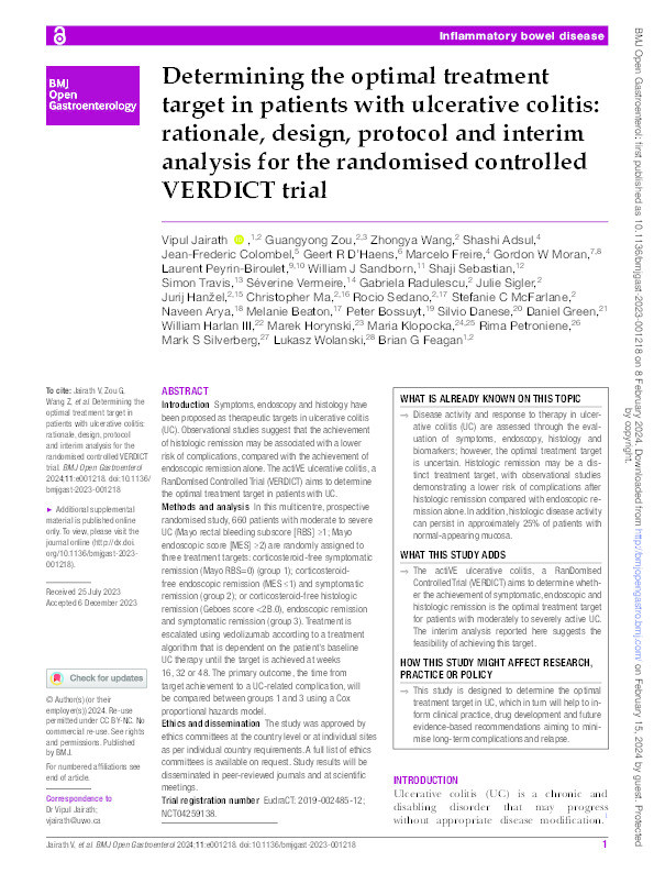 Determining the optimal treatment target in patients with ulcerative colitis: rationale, design, protocol and interim analysis for the randomised controlled VERDICT trial Thumbnail