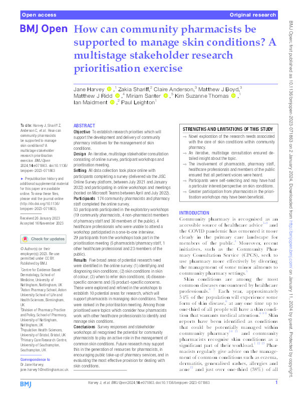 How can community pharmacists be supported to manage skin conditions? A multistage stakeholder research prioritisation exercise Thumbnail