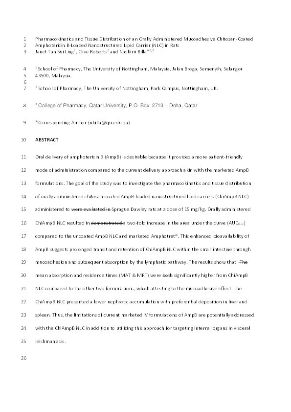 Pharmacokinetics and tissue distribution of an orally administered mucoadhesive chitosan-coated amphotericin B-Loaded nanostructured lipid carrier (NLC) in rats Thumbnail