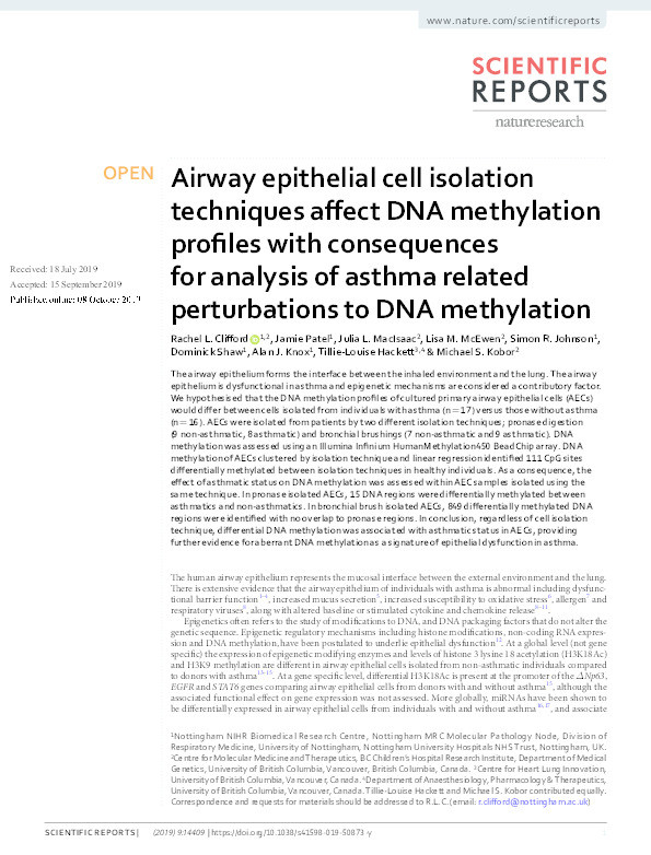 Airway epithelial cell isolation techniques affect DNA methylation profiles with consequences for analysis of asthma related perturbations to DNA methylation Thumbnail