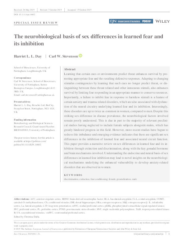 The neurobiological basis of sex differences in learned fear and its inhibition Thumbnail