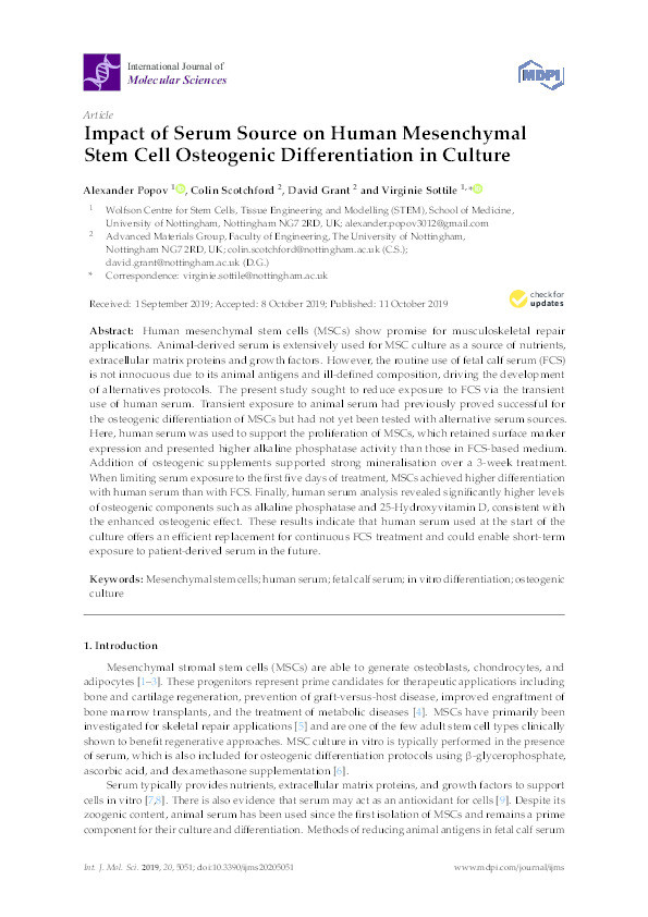 Impact of Serum Source on Human Mesenchymal Stem Cell Osteogenic Differentiation in Culture Thumbnail