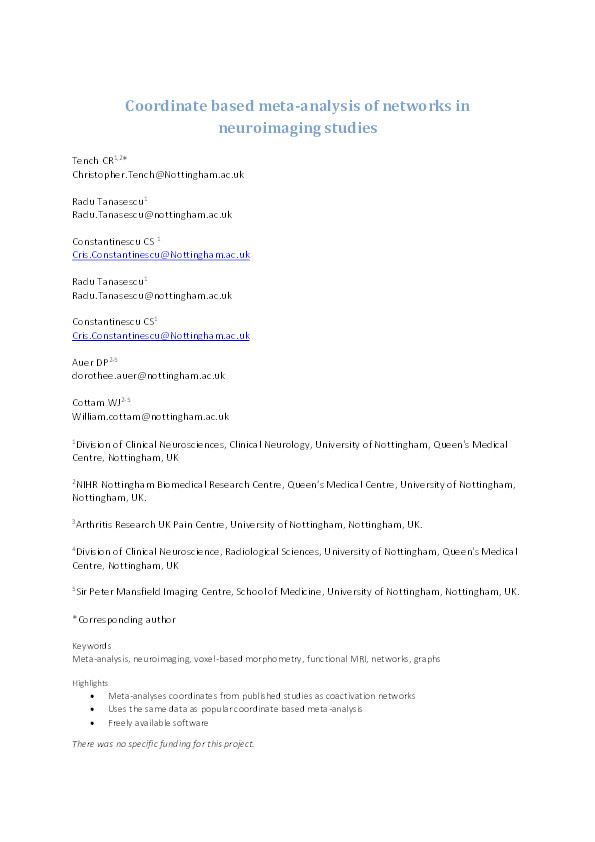 Coordinate based meta-analysis of networks in neuroimaging studies Thumbnail