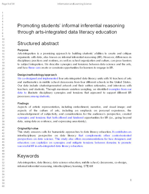 Promoting students’ informal inferential reasoning through arts-integrated data literacy education Thumbnail