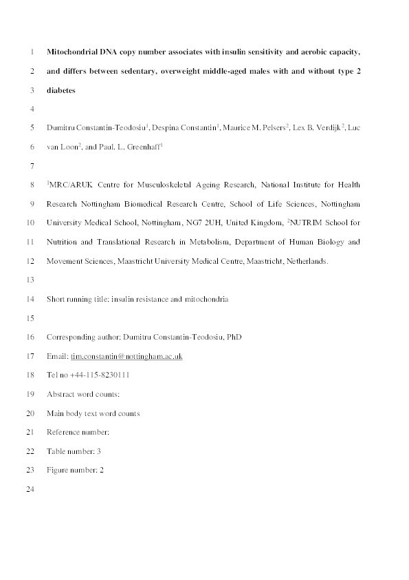 Mitochondrial DNA copy number associates with insulin sensitivity and aerobic capacity, and differs between sedentary, overweight middle-aged males with and without type 2 diabetes Thumbnail