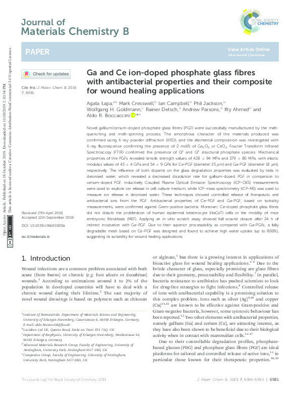 Ga and Ce ion-doped phosphate glass fibres with antibacterial properties and their composite for wound healing applications Thumbnail