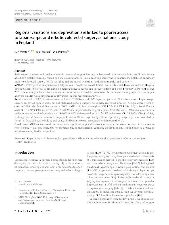 Regional variations and deprivation are linked to poorer access to laparoscopic and robotic colorectal surgery: a national study in England Thumbnail