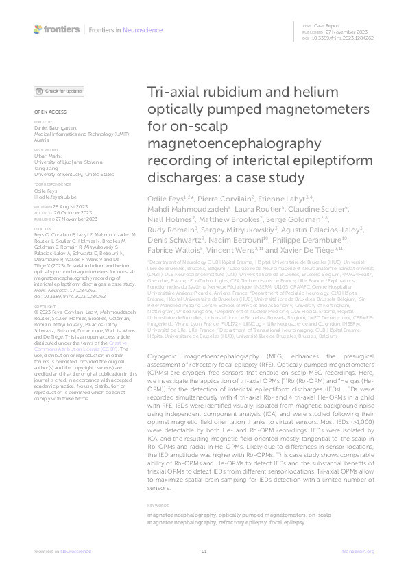 Tri-axial rubidium and helium optically pumped magnetometers for on-scalp magnetoencephalography recording of interictal epileptiform discharges: a case study Thumbnail