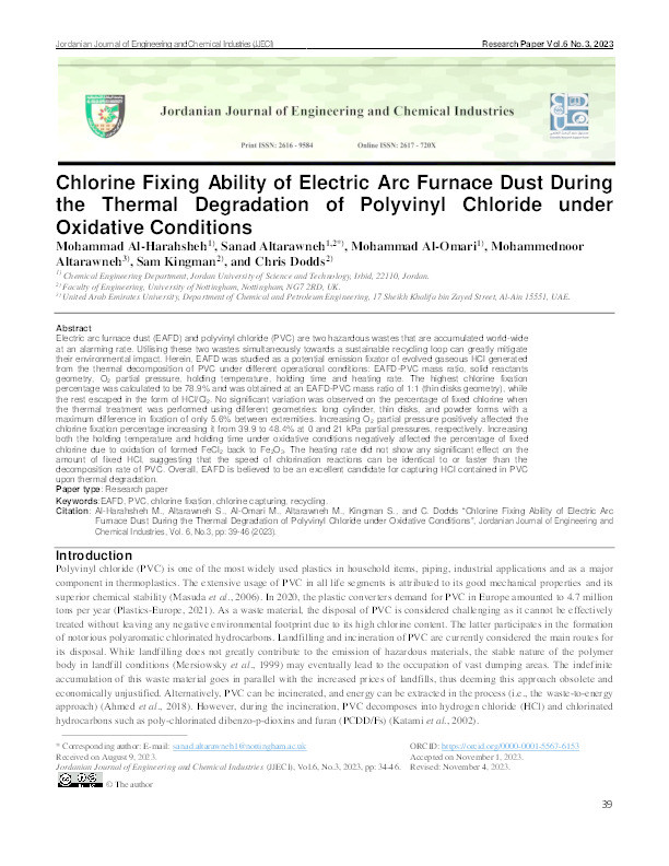 Chlorine Fixing Ability of Electric Arc Furnace Dust During the Thermal Degradation of Polyvinyl Chloride under Oxidative Conditions Thumbnail