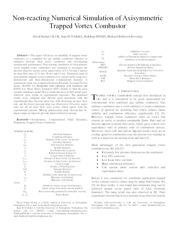 Non-reacting Numerical Simulation of Axisymmetric Trapped Vortex Combustor Thumbnail