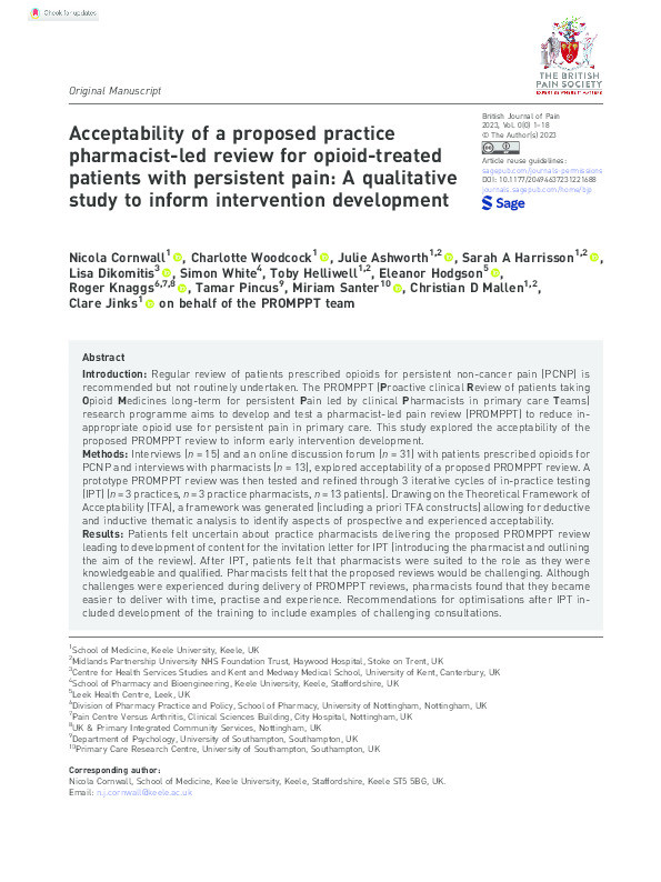 Acceptability of a proposed practice pharmacist-led review for opioid-treated patients with persistent pain: A qualitative study to inform intervention development Thumbnail