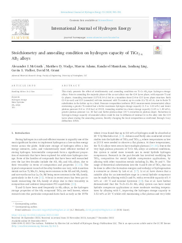 Stoichiometry and annealing condition on hydrogen capacity of TiCr2-x AB2 alloys Thumbnail