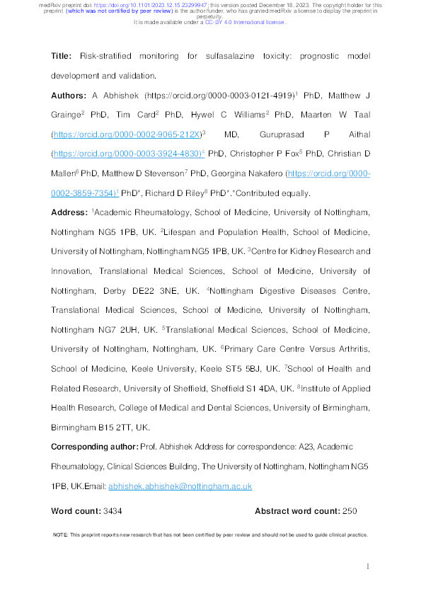 Risk-stratified monitoring for sulfasalazine toxicity: prognostic model development and validation Thumbnail