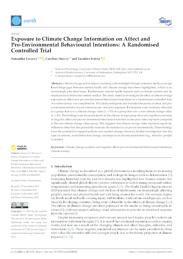 Exposure to Climate Change Information on Affect and Pro-Environmental Behavioural Intentions: A Randomised Controlled Trial Thumbnail