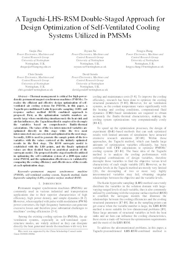 A Taguchi-LHS-RSM Double-Staged Approach for Design Optimization of Self-Ventilated Cooling Systems Utilized in PMSMs Thumbnail