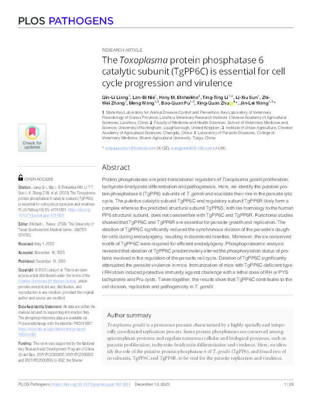 The Toxoplasma protein phosphatase 6 catalytic subunit (TgPP6C) is essential for cell cycle progression and virulence Thumbnail