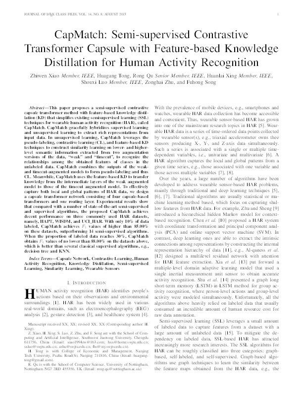 CapMatch: Semi-Supervised Contrastive Transformer Capsule With Feature-Based Knowledge Distillation for Human Activity Recognition Thumbnail