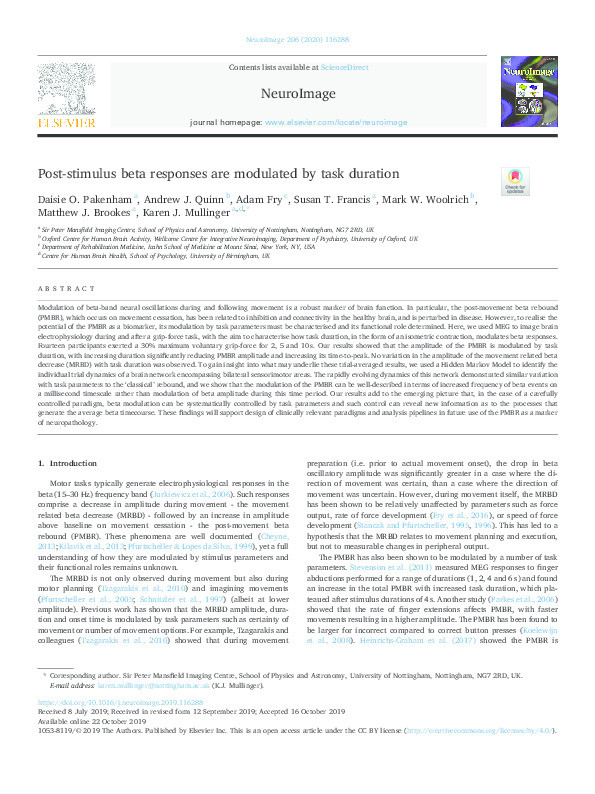 Post-stimulus beta responses are modulated by task duration Thumbnail