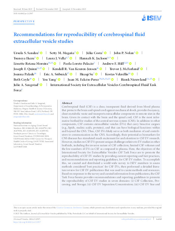 Recommendations for reproducibility of cerebrospinal fluid extracellular vesicle studies Thumbnail