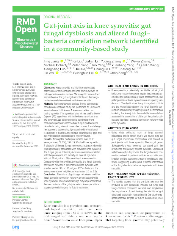 Gut-joint axis in knee synovitis: gut fungal dysbiosis and altered fungi–bacteria correlation network identified in a community-based study Thumbnail