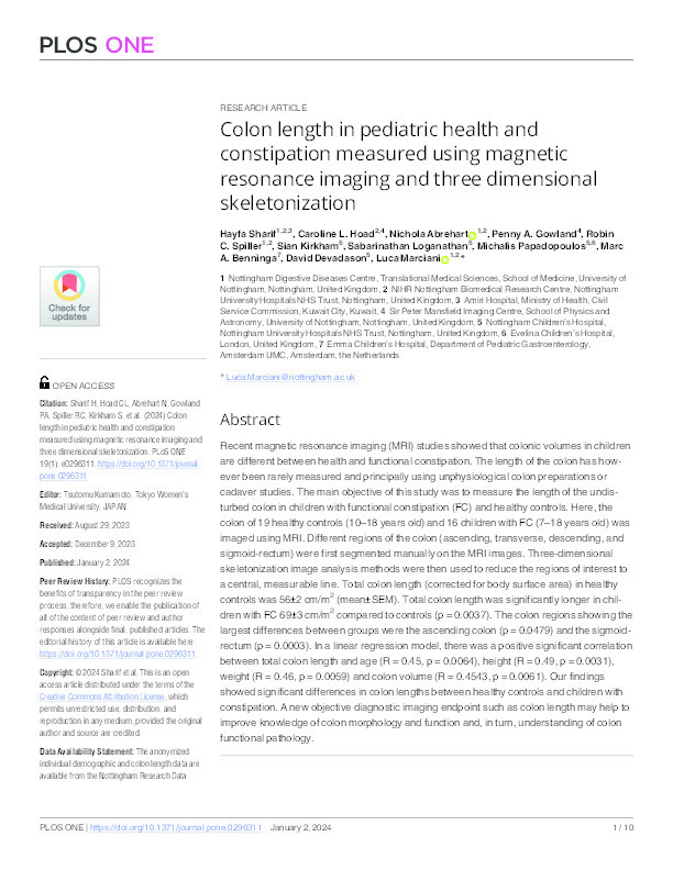 Colon length in pediatric health and constipation measured using magnetic resonance imaging and three dimensional skeletonization Thumbnail