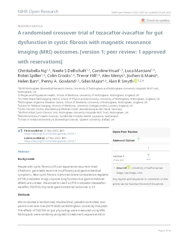 A randomised crossover trial of tezacaftor-ivacaftor for gut dysfunction in cystic fibrosis with magnetic resonance imaging (MRI) outcomes. Thumbnail