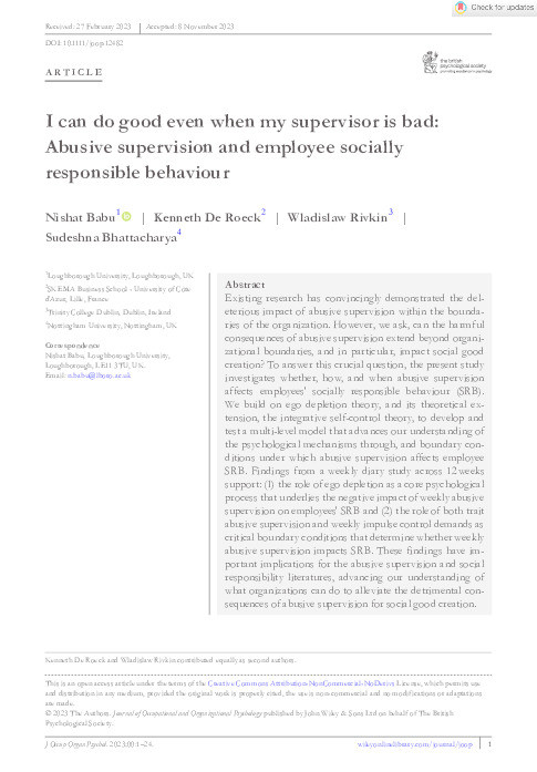 I can do good even when my supervisor is bad: Abusive supervision and employee socially responsible behaviour Thumbnail
