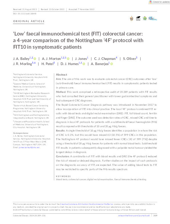 ‘Low’ faecal immunochemical test (FIT) colorectal cancer: a 4-year comparison of the Nottingham ‘4F’ protocol with FIT10 in symptomatic patients Thumbnail