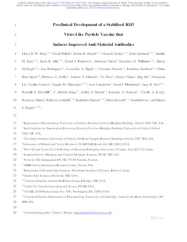 Preclinical Development of a Stabilized RH5 Virus-Like Particle Vaccine that Induces Improved Anti-Malarial Antibodies Thumbnail