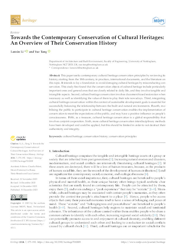 Towards the Contemporary Conservation of Cultural Heritages: An Overview of Their Conservation History Thumbnail