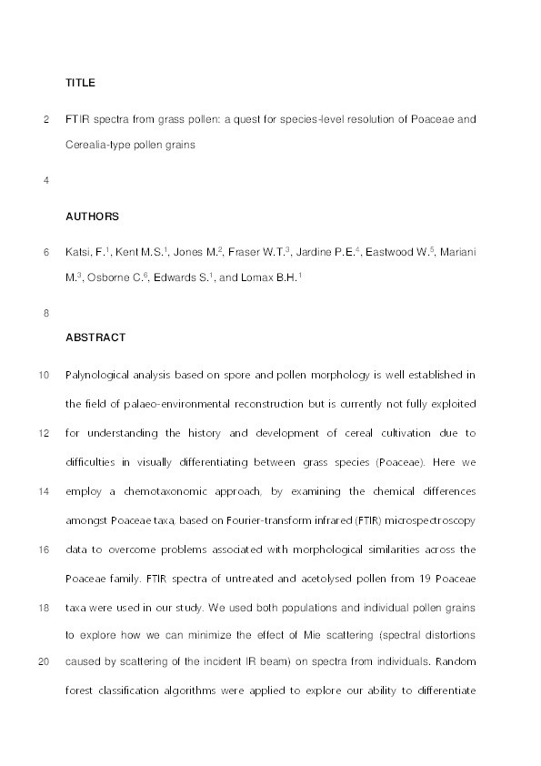 FTIR spectra from grass pollen: A quest for species-level resolution of Poaceae and Cerealia-type pollen grains Thumbnail