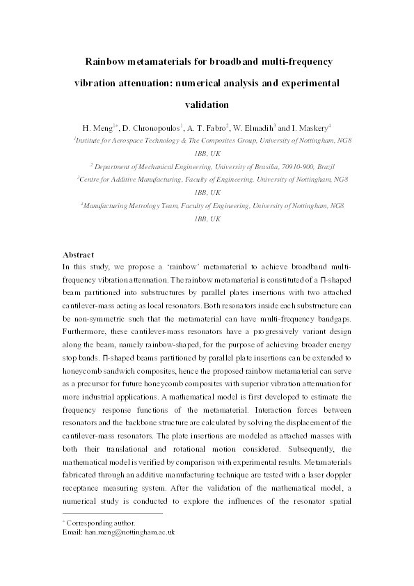 Rainbow metamaterials for broadband multi-frequency vibration attenuation: Numerical analysis and experimental validation Thumbnail