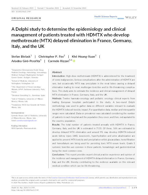 A Delphi study to determine the epidemiology and clinical management of patients treated with HDMTX who develop methotrexate (MTX) delayed elimination in France, Germany, Italy, and the UK Thumbnail