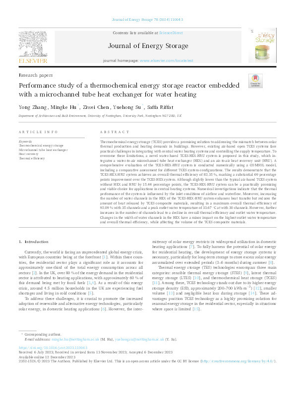 Performance study of a thermochemical energy storage reactor embedded with a microchannel tube heat exchanger for water heating Thumbnail