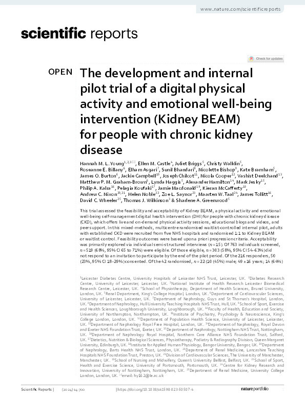 The development and internal pilot trial of a digital physical activity and emotional well-being intervention (Kidney BEAM) for people with chronic kidney disease Thumbnail