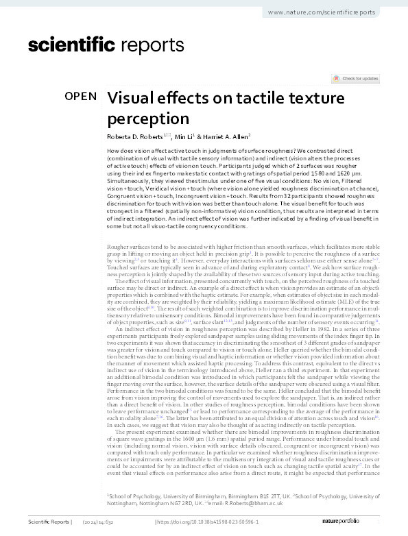 Visual effects on tactile texture perception Thumbnail