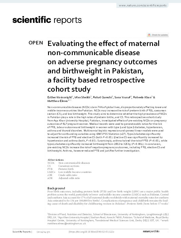 Evaluating the effect of maternal non-communicable disease on adverse pregnancy outcomes and birthweight in Pakistan, a facility based retrospective cohort study Thumbnail