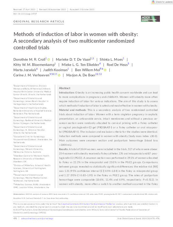 Methods of induction of labor in women with obesity: A secondary analysis of two multicenter randomized controlled trials Thumbnail